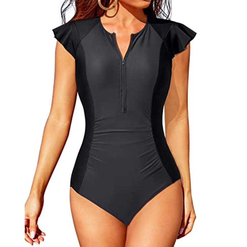 Women's Short Sleeve Zip Front One Piece Surfing Rash Guard-Grey And Black