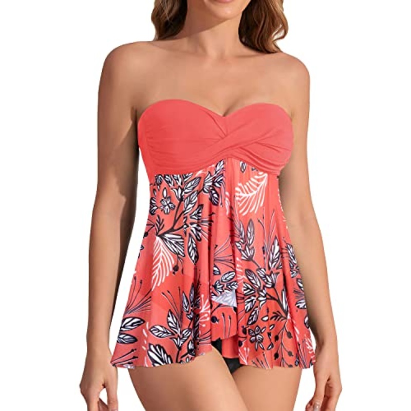 Women's Strapless Bandeau 2 Piece Tankini Swimsuits-Pink Flower