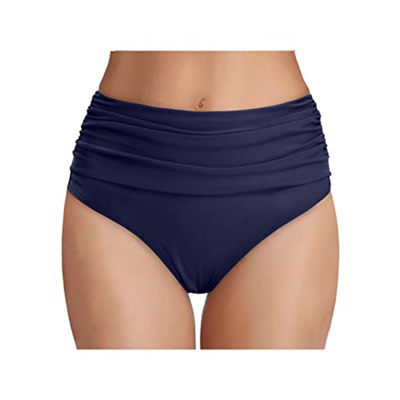 Women's Tummy Control High Waisted Ruched Swim Shorts Bikini Bottom-Navy Blue