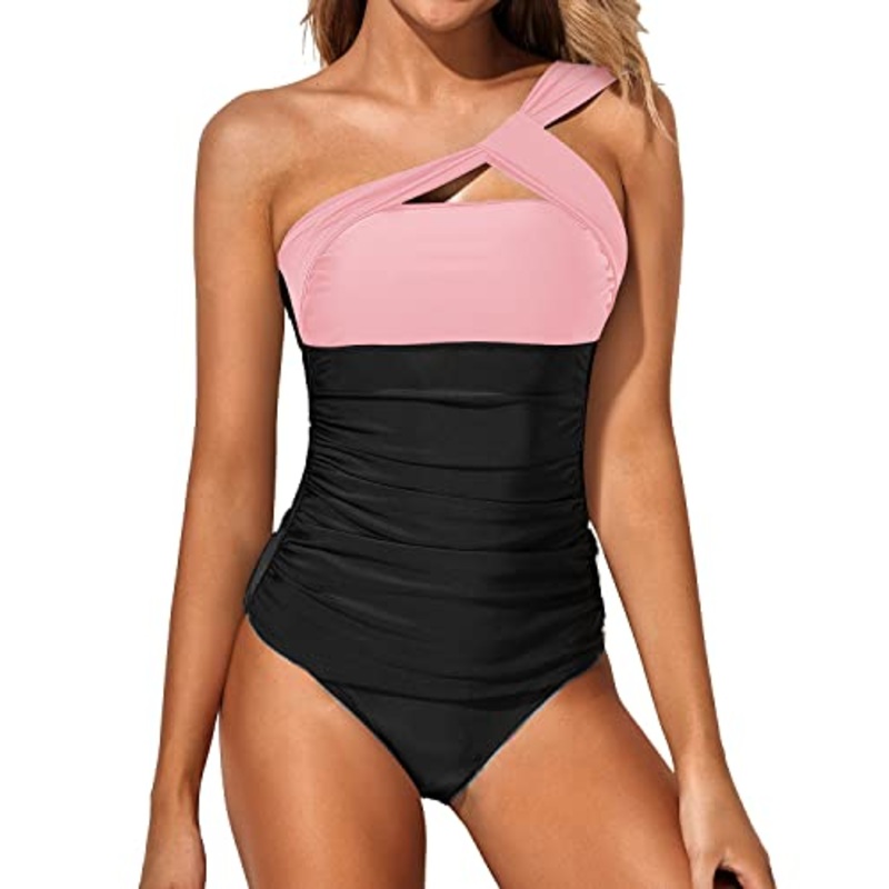 Women's Tummy Control Tankini Swimsuit One Shoulder Top & Shorts-Pink And Black