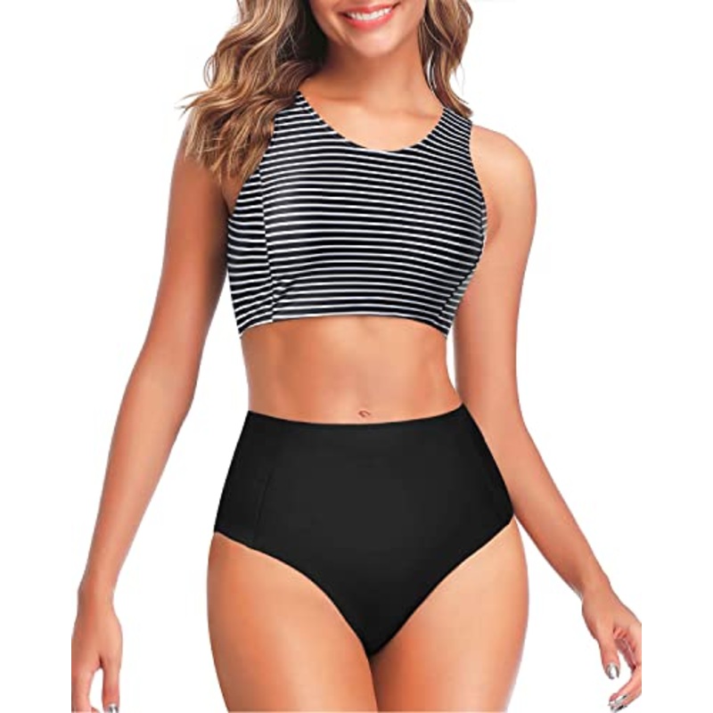 Women's Two Piece Scoop Neck High Waisted Bikini Set-Black And White Stripe