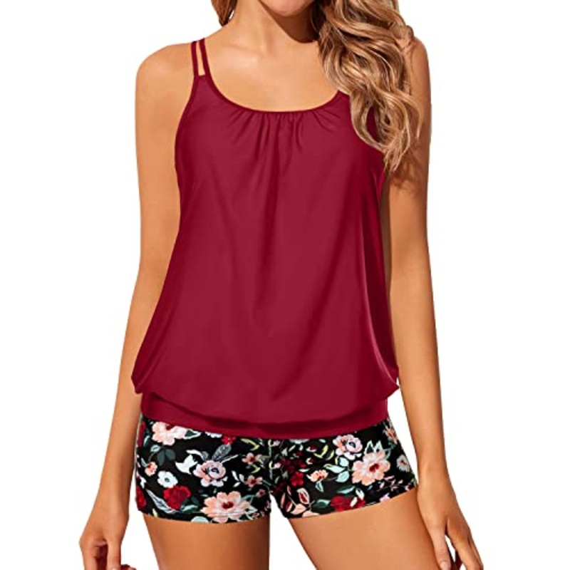 Women Tummy Area Coverage Blouson Tankini Swimsuits-Red Floral