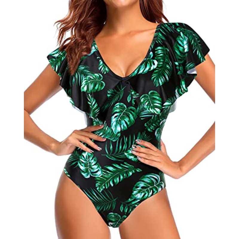 Women V Neck Flounce Sleeve Tummy Control Ruffle Shoulders One Piece Swimsuit-Black Green Leaves