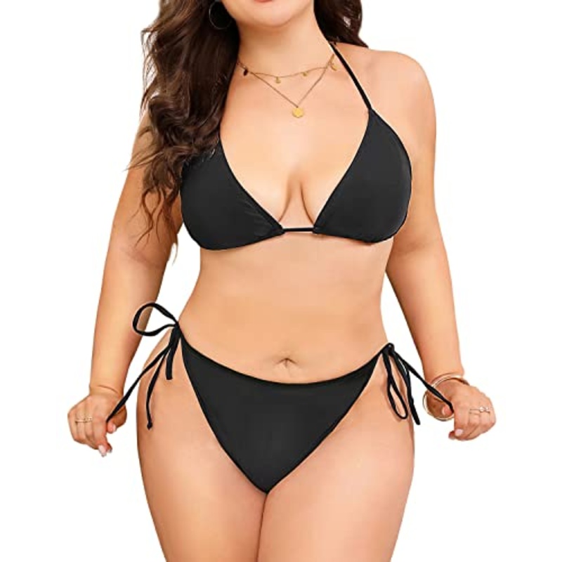 2 Piece Plus Size Triangle Bikini Halter Tie Side for Women-Black