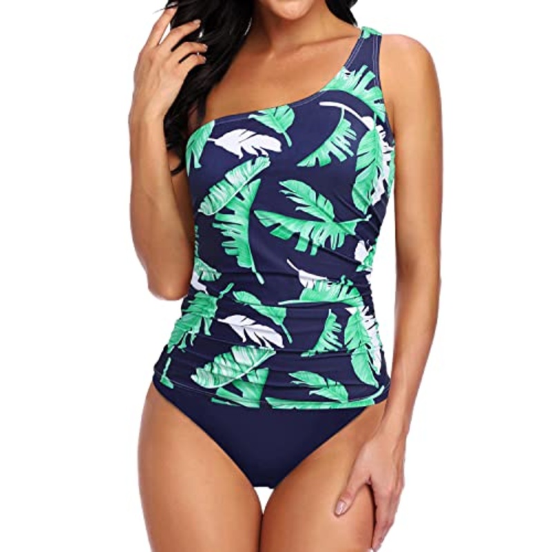 2 Piece Slimming Swimming Suit One Shoulder Tankini For Women-Blue Leaf
