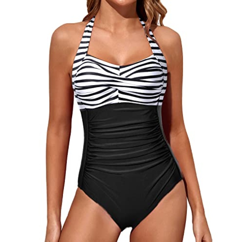 Adjustable Halter Neck Swimsuits Halter Vintage Swimwear-Black And White Stripe