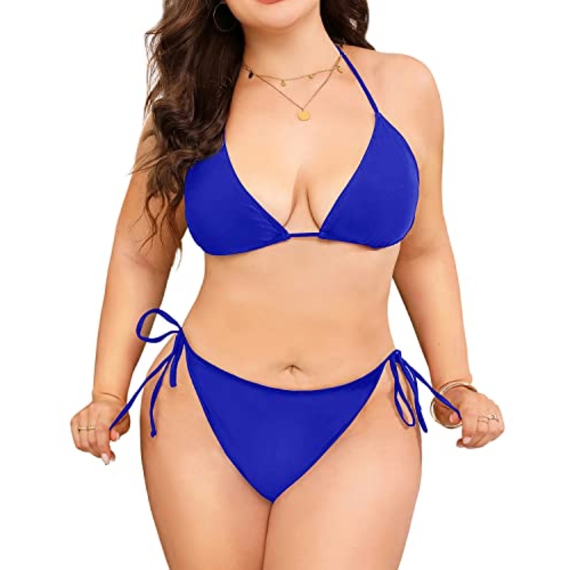 Adjustable Tie-Side Plus Size String Triangle Bikini For Women-Royal Blue