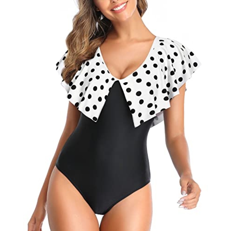 Bathing Suit Ruffle Shoulders For Tummy Control-White Black Polka Dots