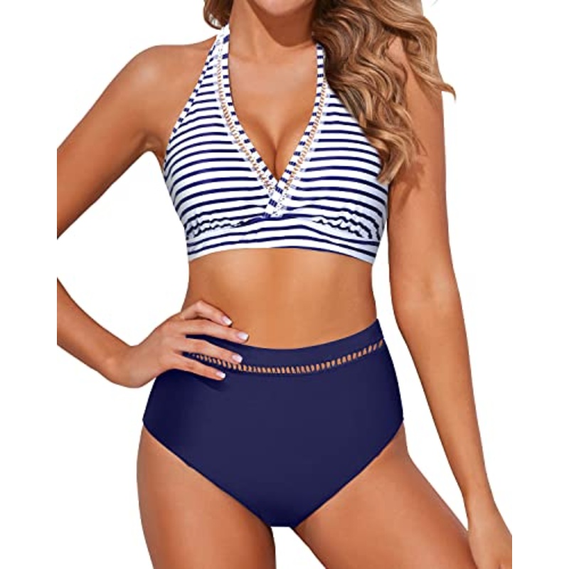 Breathable Mesh V Neck High Waisted Bikini Sets For Women-Blue White Stripe