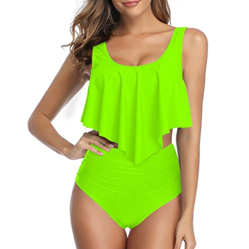 Charming And Confident Women Ruffled Flounce Bikini Swimsuit-Neon Green
