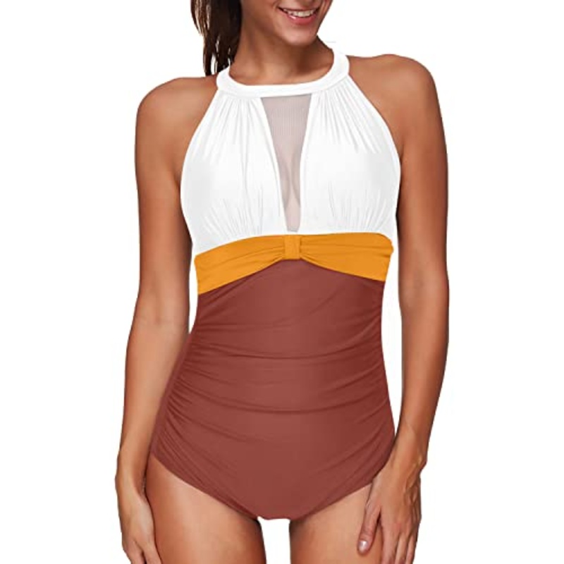 Chic High Neck Mesh Monokini Women One Piece Swimsuit-Whtie Yellow Brown