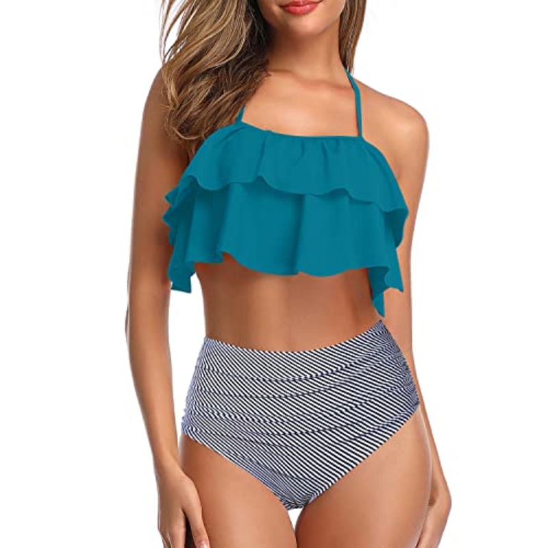 Chic High Waisted Bikini For Summer Vacation-Green Striped