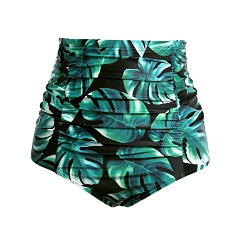 Comfortable High Waisted Tankini Briefs Tummy Control Ruched Swim Shorts-Green Leaf