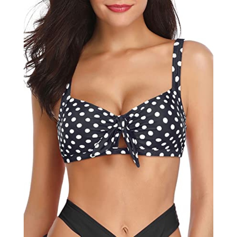 Cute Bowknot Pattern Ruffle Flounce Swimsuit Top-Black Dot