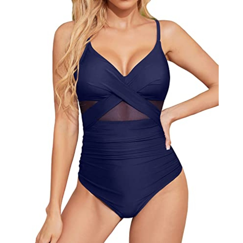Cutout Mesh Front Cross One Piece Swimsuits for Women Push Up Swimwear