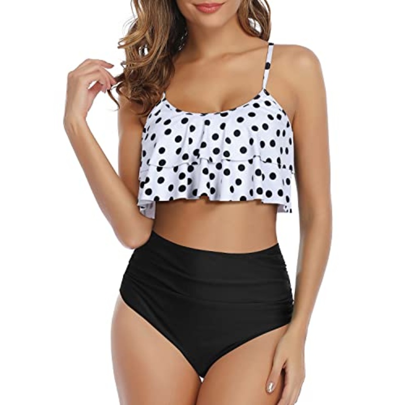 Elegant Ruffle High Waisted Ruched Women's 2 Piece Bikini Set-White Black Polka Dots