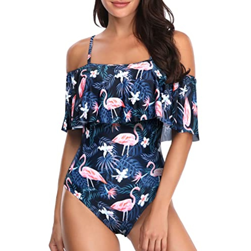 Eye-Catching Off Shoulder Ruffle One Piece Bathing Suit-Blue Flamingo