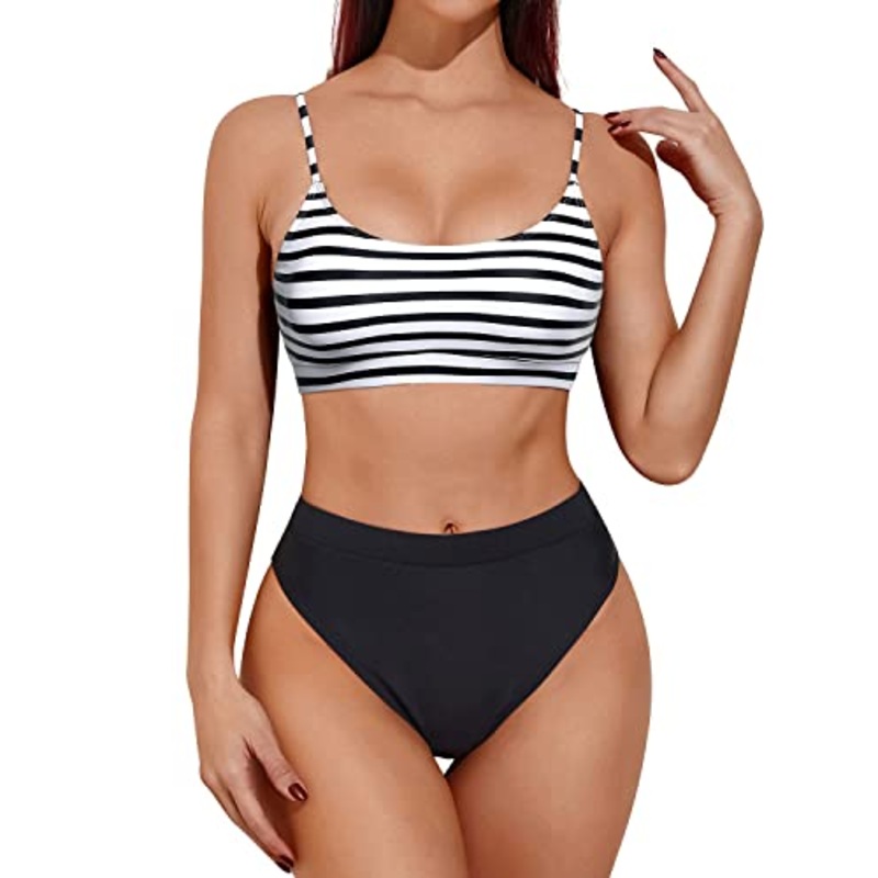 Fashionable High Waisted Bikini Sporty Scoop Neck Swimsuits-Black And White Stripe