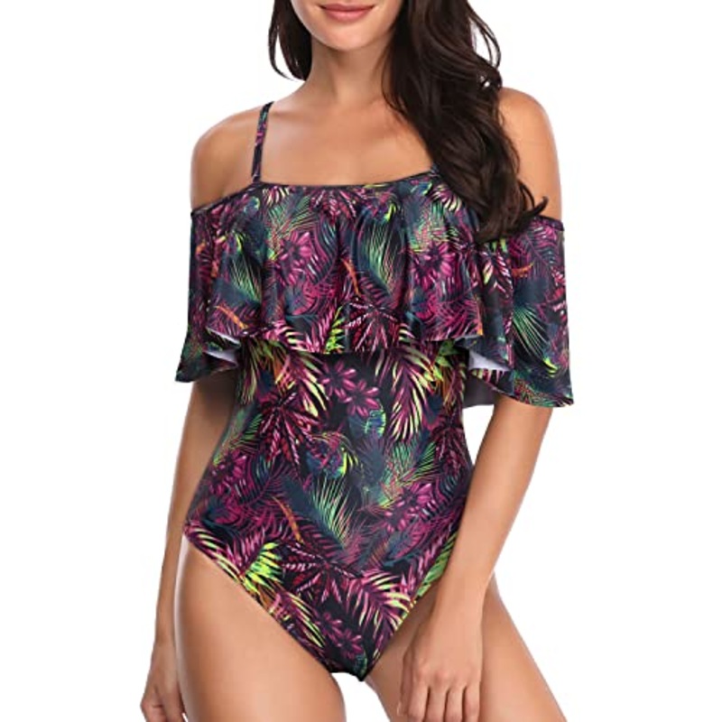 Feminine One Piece Swimsuit Off Shoulder Ruffles-Purple Leaf