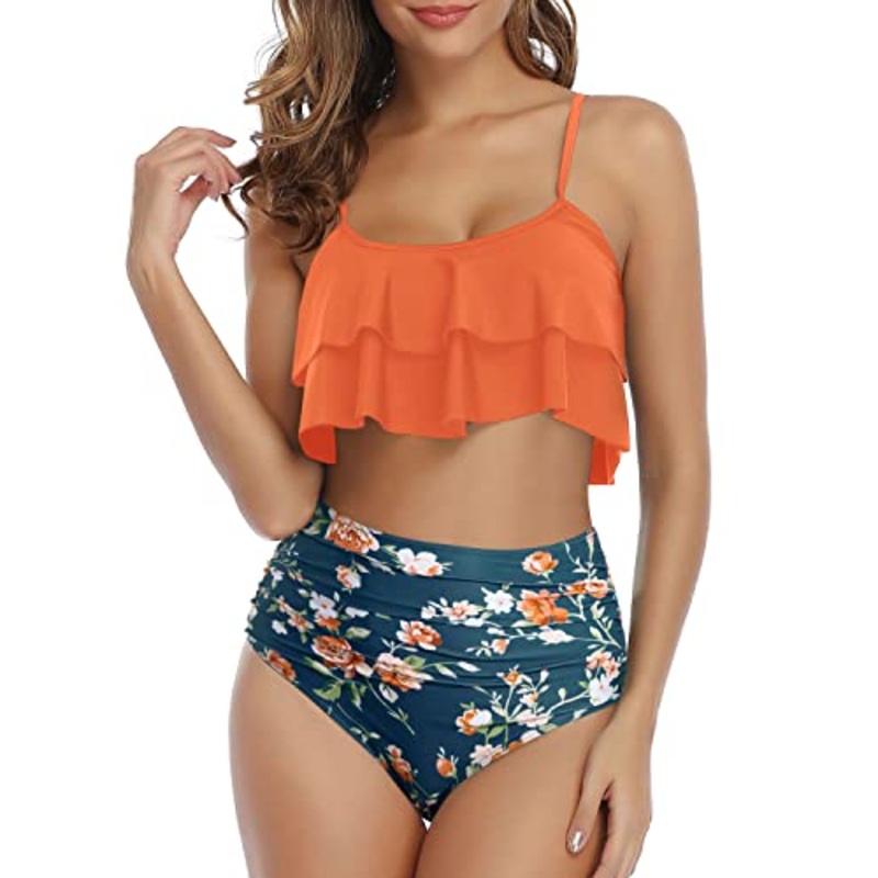 Feminine Ruffle High Waisted Ruched 2 Piece Bikini Set-Orange Flowers