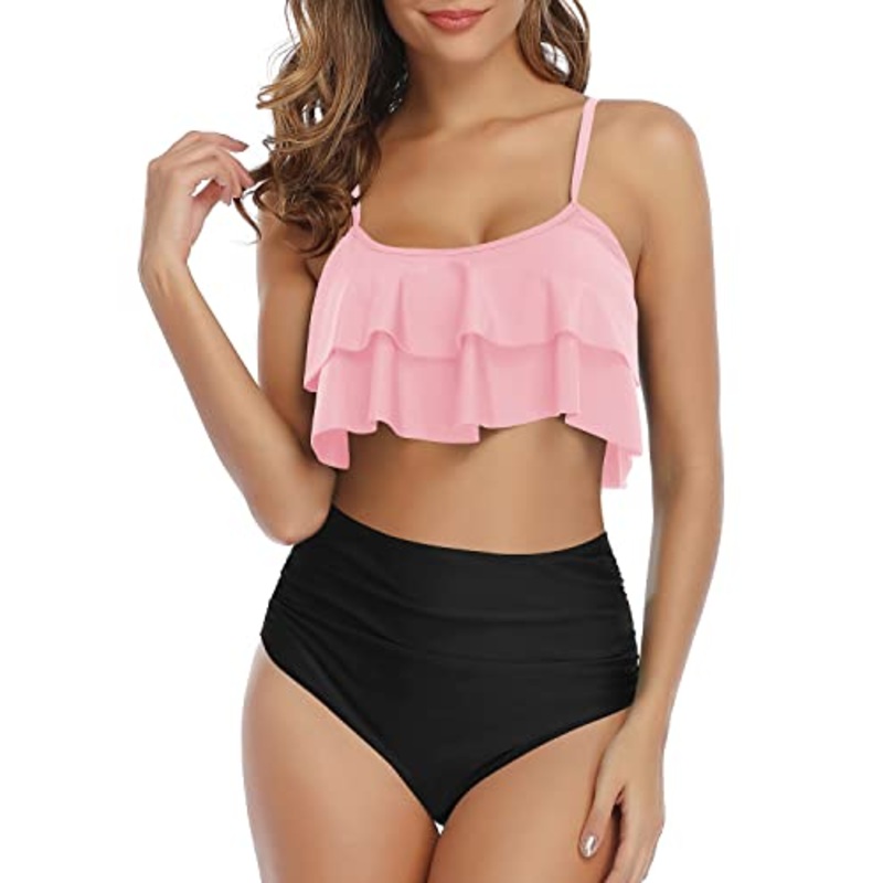 Flattering High Waisted Ruffle Ruched Women's Bikini Set-Pink And Black