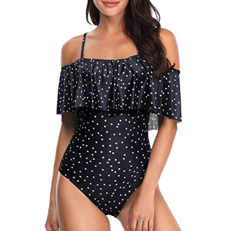 Flattering Off Shoulder One Piece Swimsuit Ruffles-Black White Dot