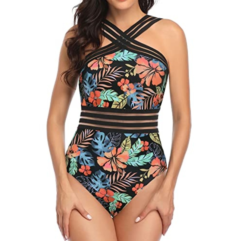 Flattering Slimming Silhouette Sexy One Piece Swimsuits-Black Red Flower