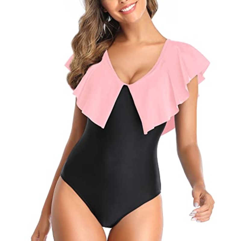 Flattering V Neck Ruffle Shoulders One Piece Swimsuit For Women-Pink And Black