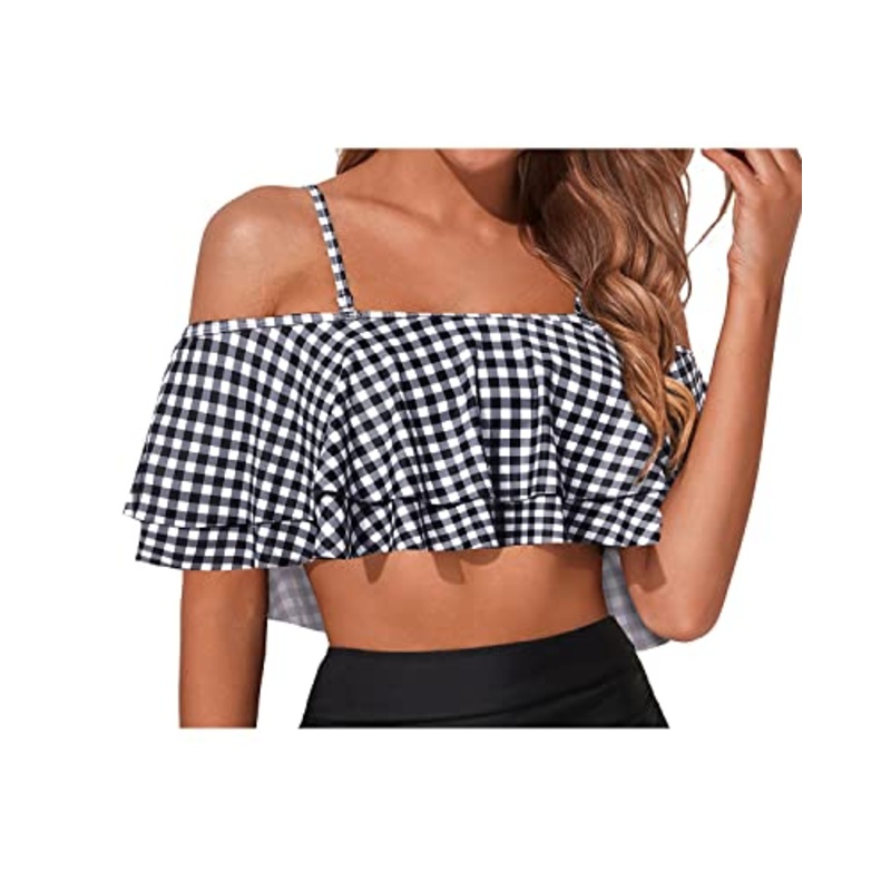 Gorgeous Off-The-Shoulder Flounce Swimsuit Top For Women-Black And White Checkered