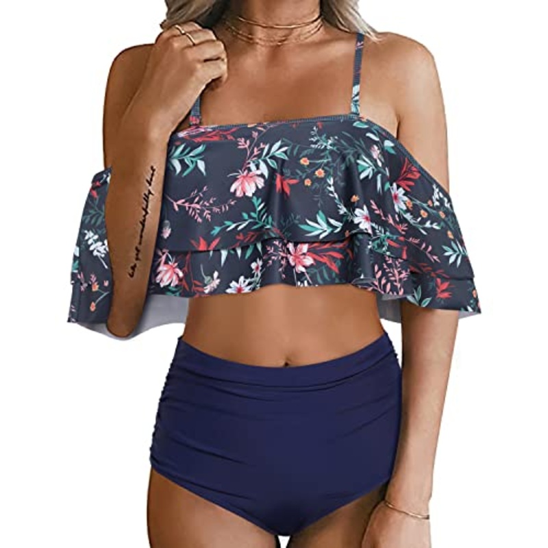 Gorgeous Two Piece High Waisted Ruffle Bikini Set-Blue Colorul Flowers