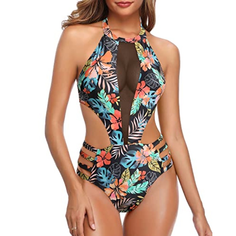 Halter Strap Sexy Swimsuit High Neck Backless One Piece-Black Red Flower