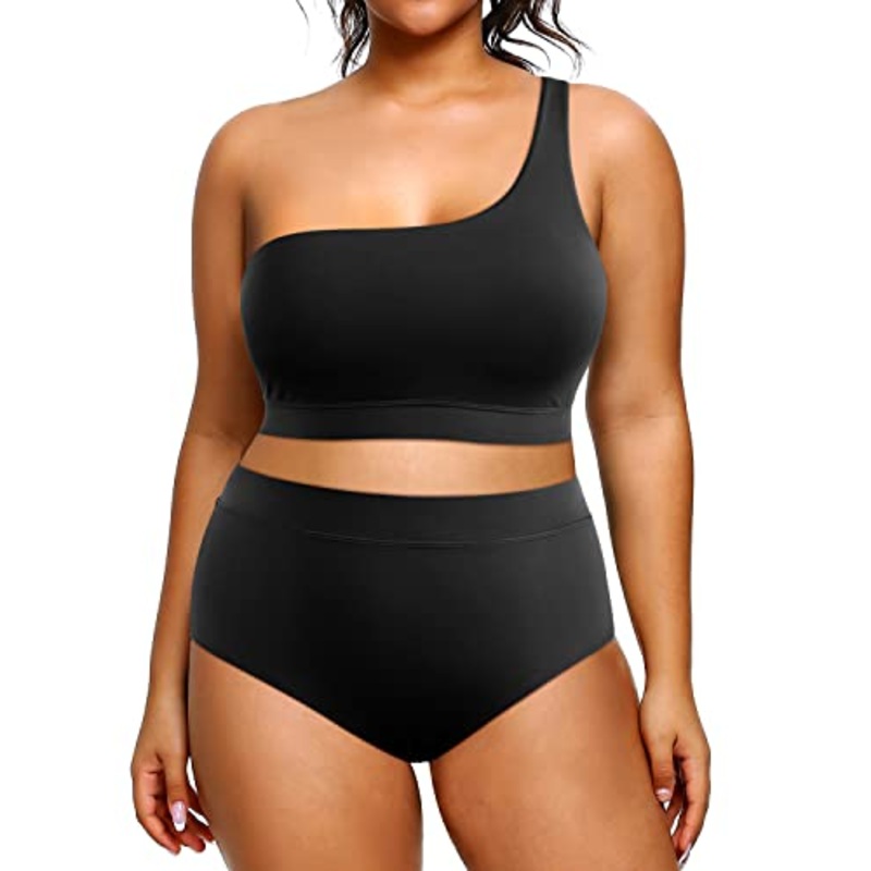 High Waisted Plus Size Bikini Two Piece One Shoulder Swimsuit Women