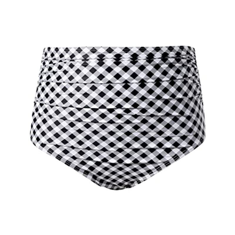 High Waisted Ruched Bikini Bottom Full Coverage Swim Bottom-Black White Plaid