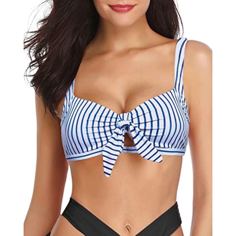 Keyhole Sexy Design Ruffle Flounce Swimsuit Top-Blue Stripe