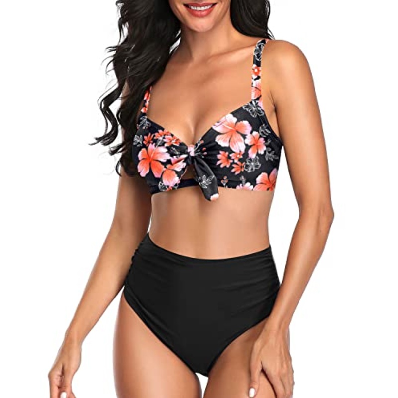 Knot Tie Bathing Suits Women Two Piece High Waisted Bikini Set-Pink Flower