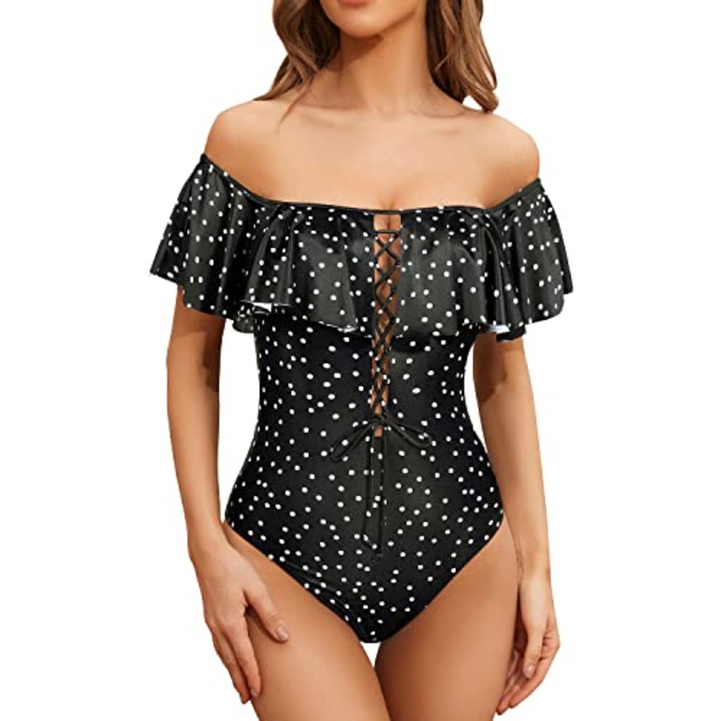 Lace Up Ruffled Bathing Suit For Longer Torso One Piece Swimsuit-Black White Dot