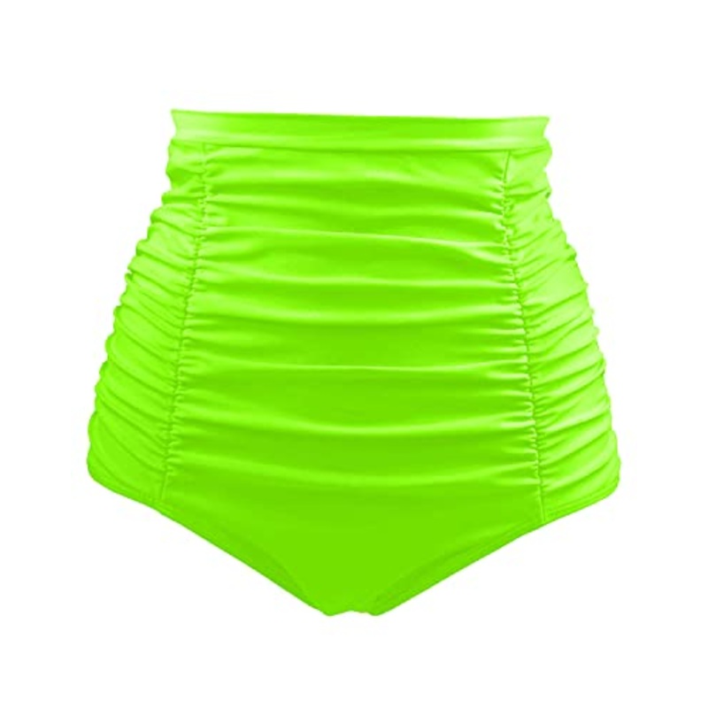 Ladies High Waisted Bikini Bottom Tummy Control Ruched Swim Shorts-Neon Green