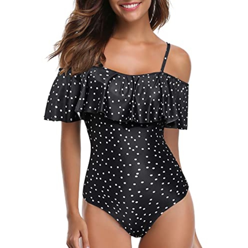 Long Torso Printed One Piece Swimsuit For Women Ruffled Flounce Bathing Suit-Black White Dot