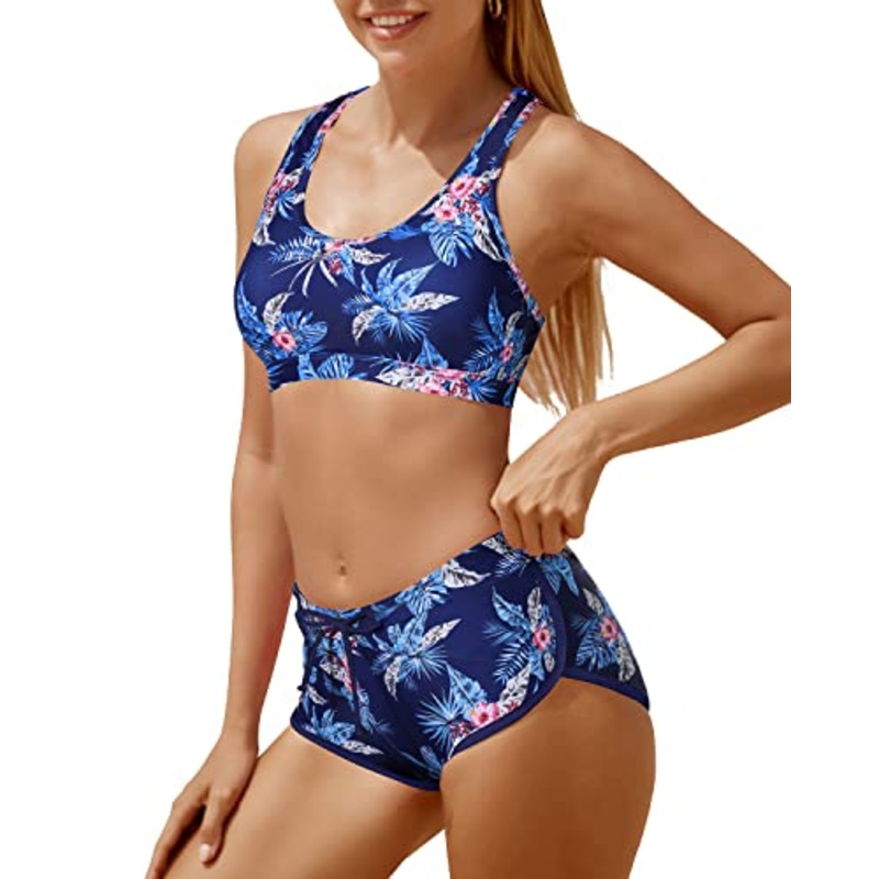 Mid Waist Boyleg Shorts Two Piece Bathing Suits For Women-Blue Floral