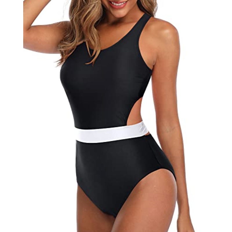 Modest Swimsuit One Piece Tummy Control Cutout Swimsuits For Teen Girls-Black And White