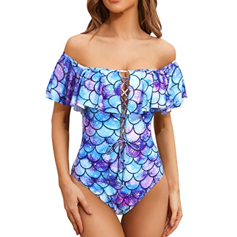 Off Shoulder Flounce Longer Torso One Piece Lace Up Ruffled Swimsuit-Blue-Purple Mermaid Scales