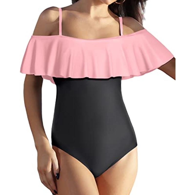 Padded Bra Off Shoulder One Piece Swimsuit For Women-Pink And Black