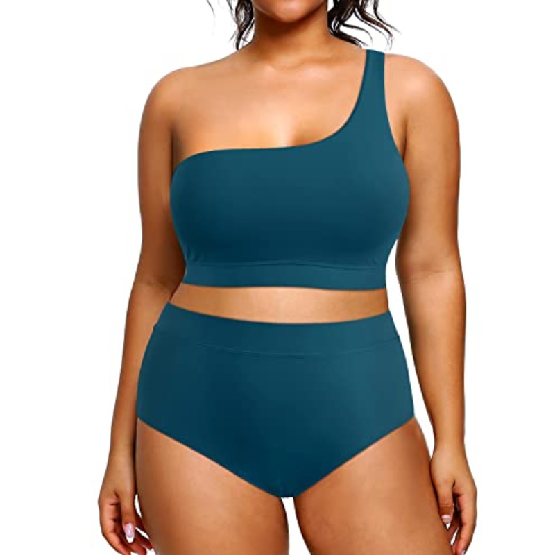 Plus Size High Waisted One Shoulder Bikini 2 Piece Swimsuits