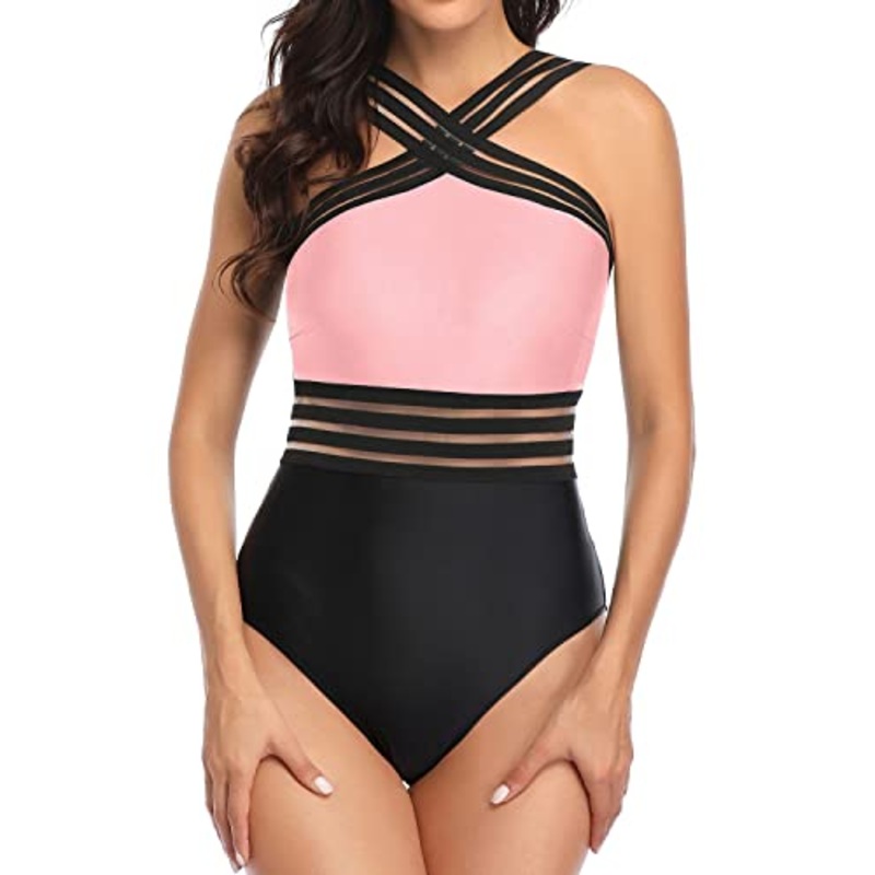 Removable Padded Push Up Bras Sexy One Piece Swimsuits-Pink And Black