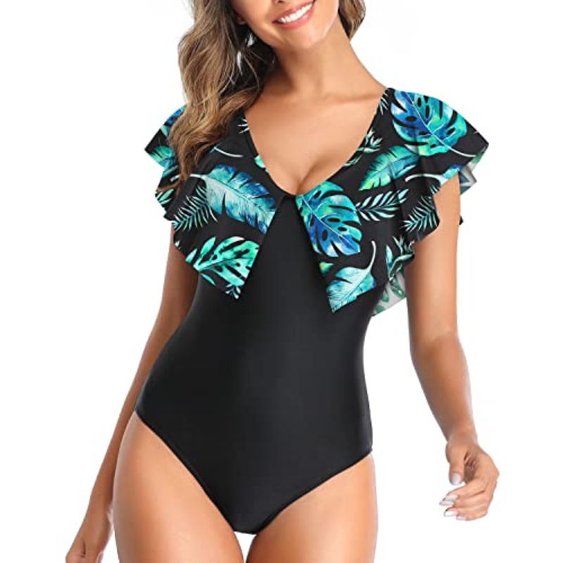 Removable Padded Push Up Ruffle Shoulders One Piece Swimsuit-Black And Green Leaves