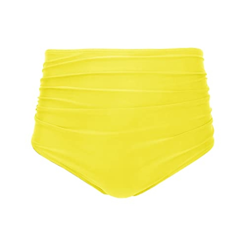 Retro Ruched High Waisted Bikini Bottom Full Coverage Swim Bottom-Neon Yellow