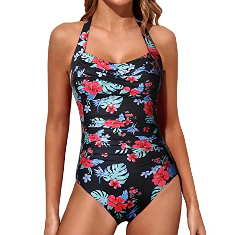 Retro Slimming Swimsuits Halter Vintage Swimwear-Black Red Flowers
