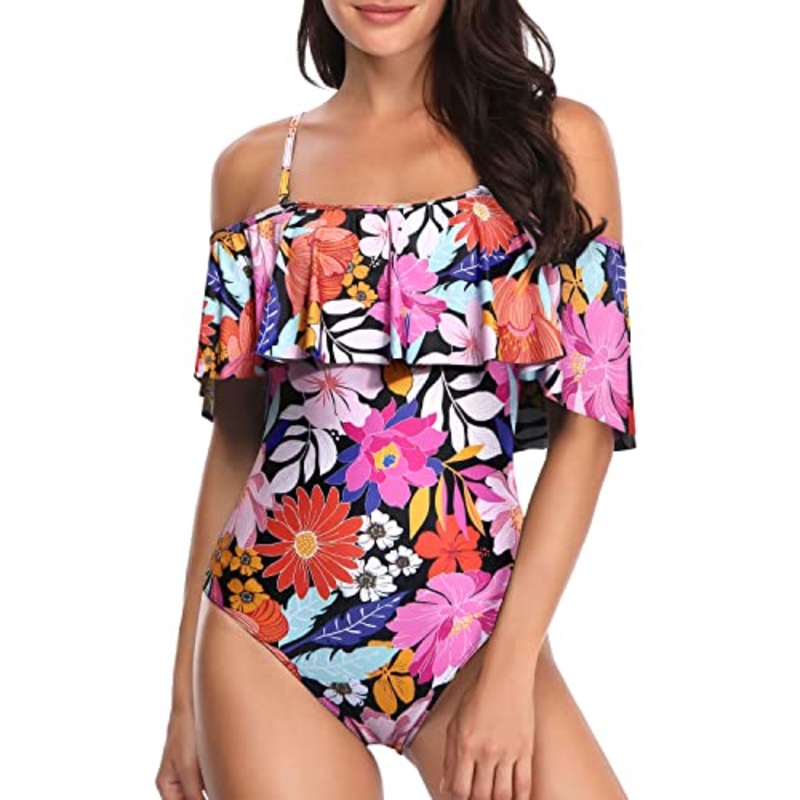 Retro-Style One Piece Swimsuit Ruffled Sleeves-Pink Floral
