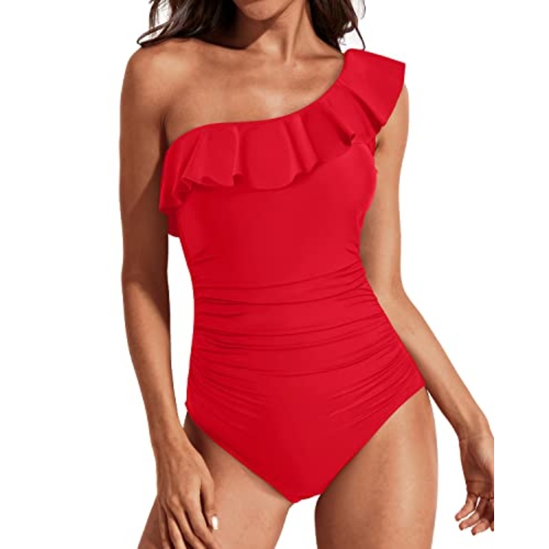 Ruched One Shoulder One Piece Swimsuits-Red