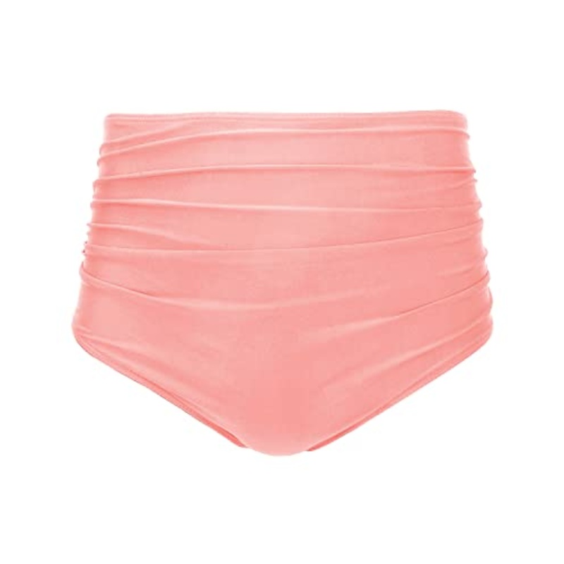 Ruched Tankinis Brief High Waisted Bikini Bottom Full Coverage Swim Bottom-Coral Pink